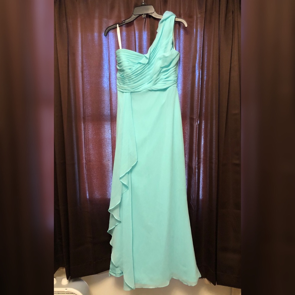 David’s Bridal One Shoulder Crinkle Chiffon in Spa